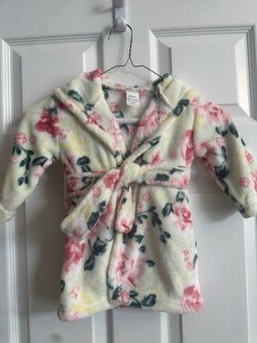 Floral Baby Hooded Robe - yellow, light and dark green with Pink Roses 12 month+